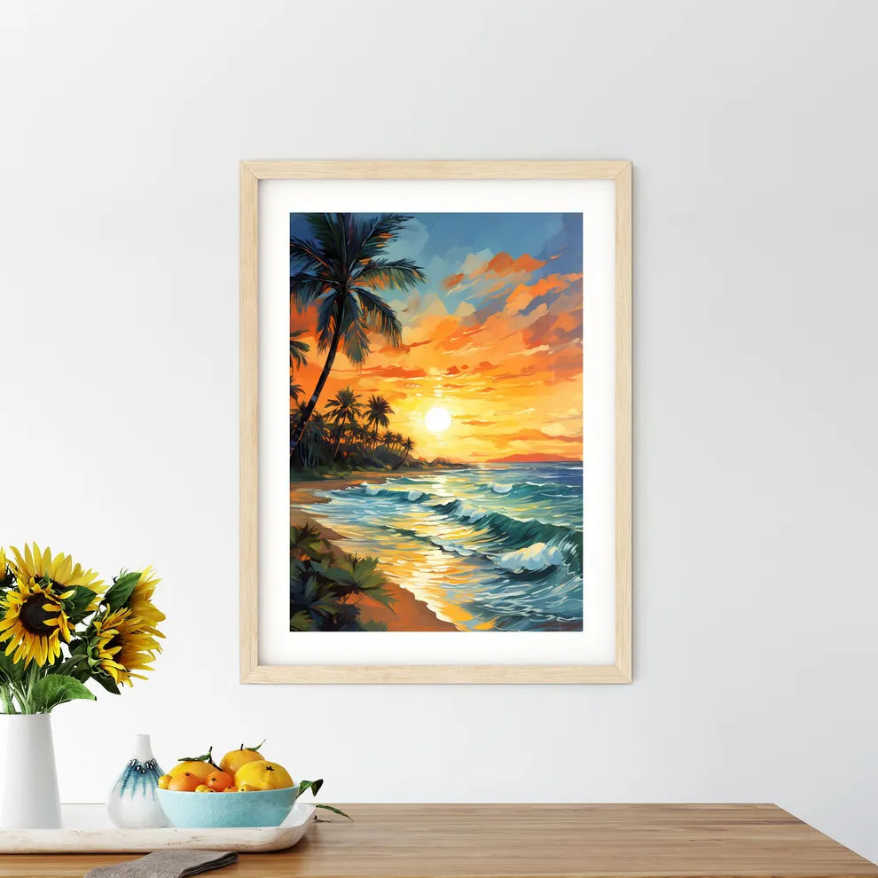 Beach Paradise Sunset With Tropical Palm Tre Framed Print