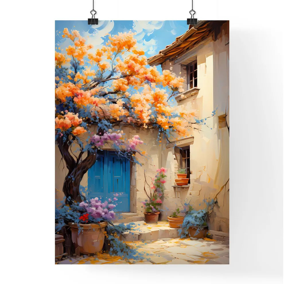 Blossoming Bush On Rural Surburb - A Tree With Orange And Purple Flowers In Front Of A Building Poster
