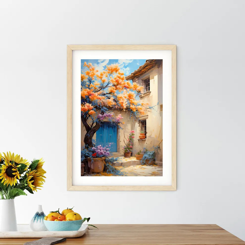 Blossoming Bush On Rural Surburb - A Tree With Orange And Purple Flowers In Front Of A Building Custom Print