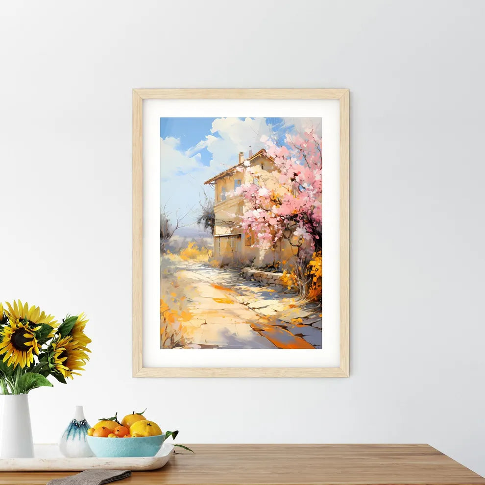 Blossoming Bush On Rural Surburb - A House With Pink Flowers On The Side Custom Print