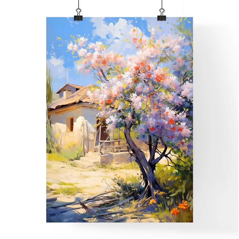 Blossoming Bush On Rural Surburb - A Tree With Pink Flowers In Front Of A House Poster