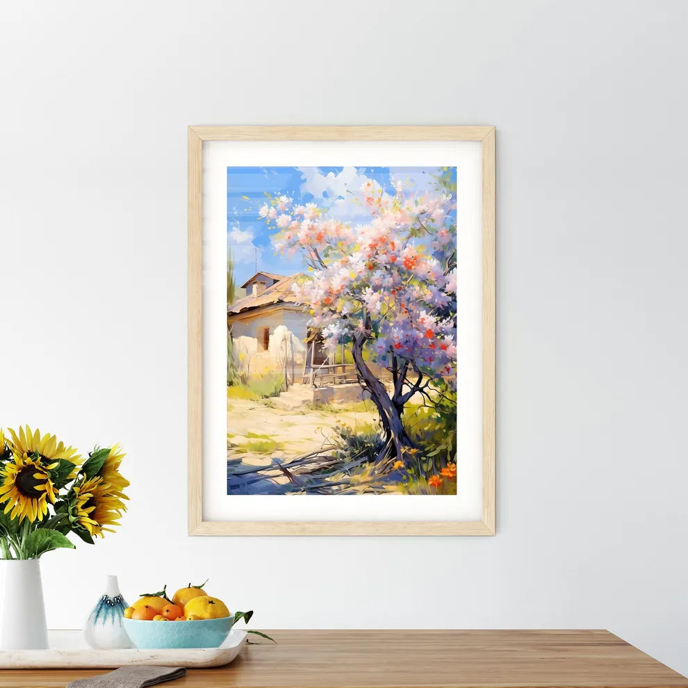 Blossoming Bush On Rural Surburb - A Tree With Pink Flowers In Front Of A House Custom Print