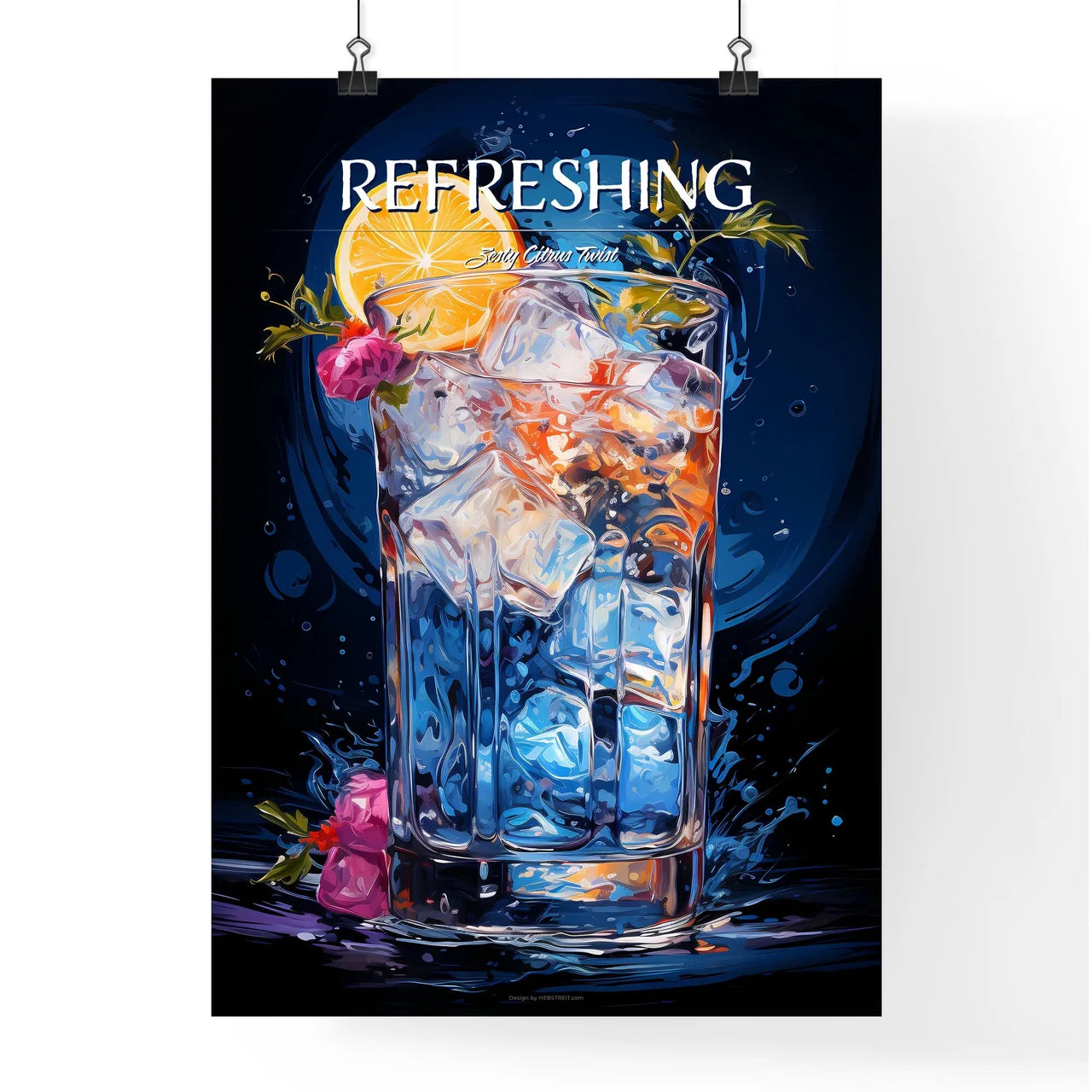 Blue Lagoon Cocktail - A Glass Of Ice And A  Poster