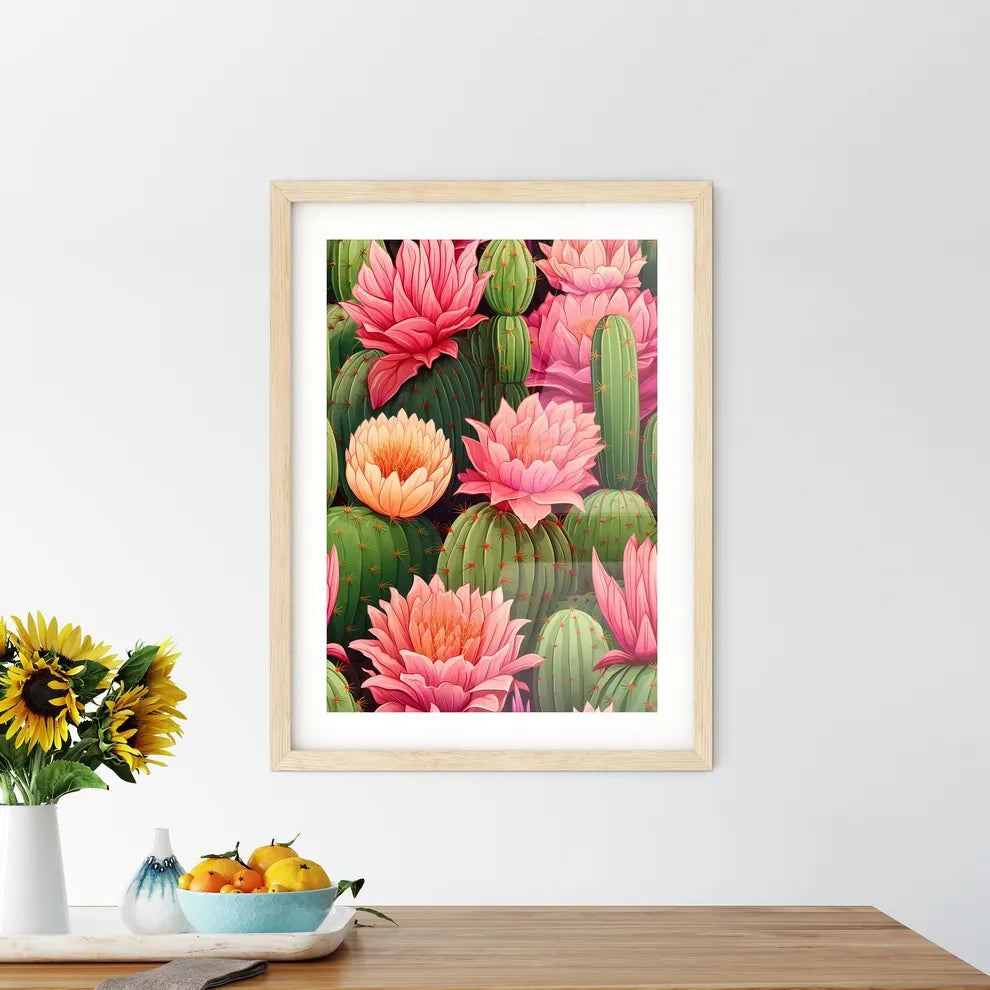 Cactuses Green On Pink Vector Seamless Patte Framed Print