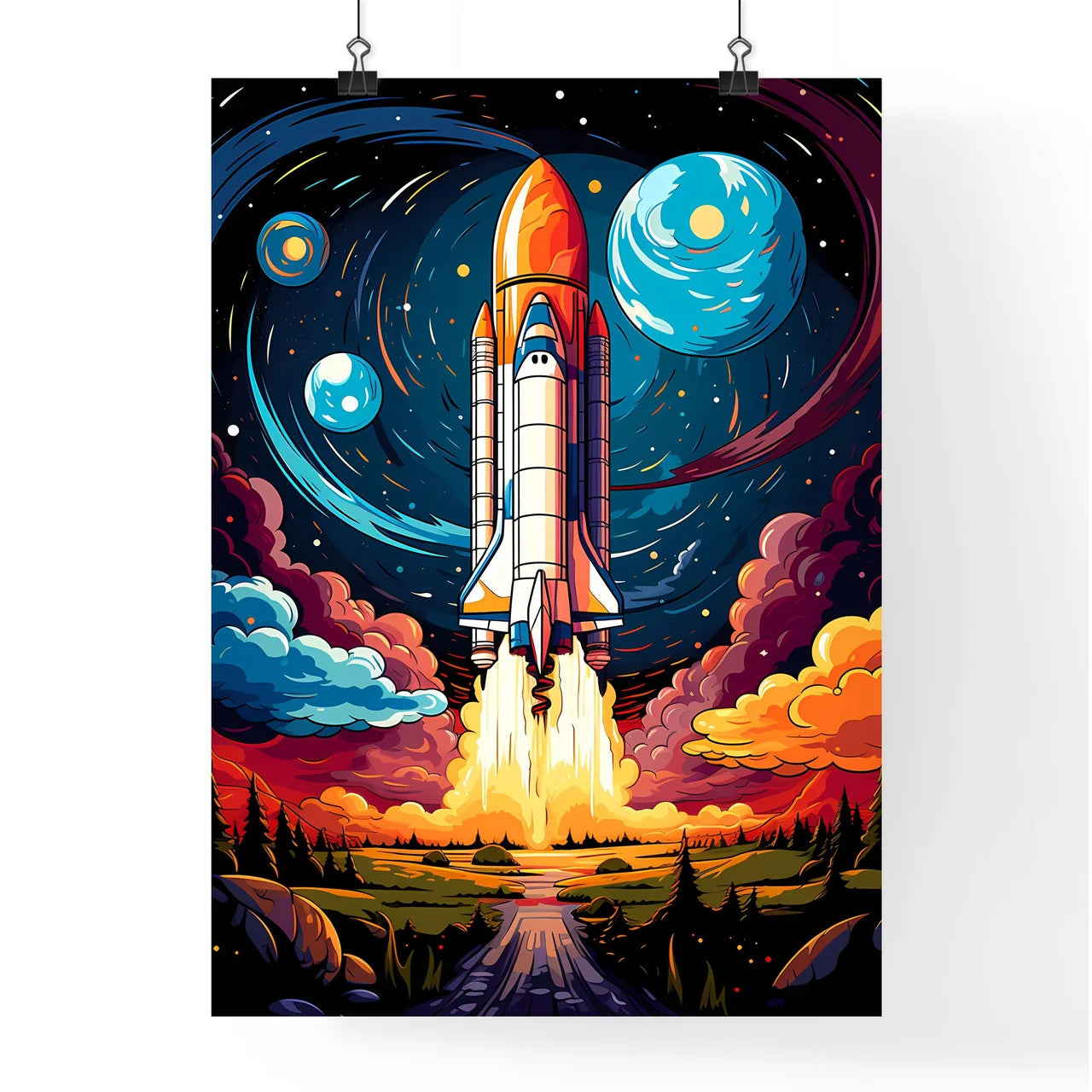 Cartoon Flat Design Rocket Ship - A Space Sh Poster
