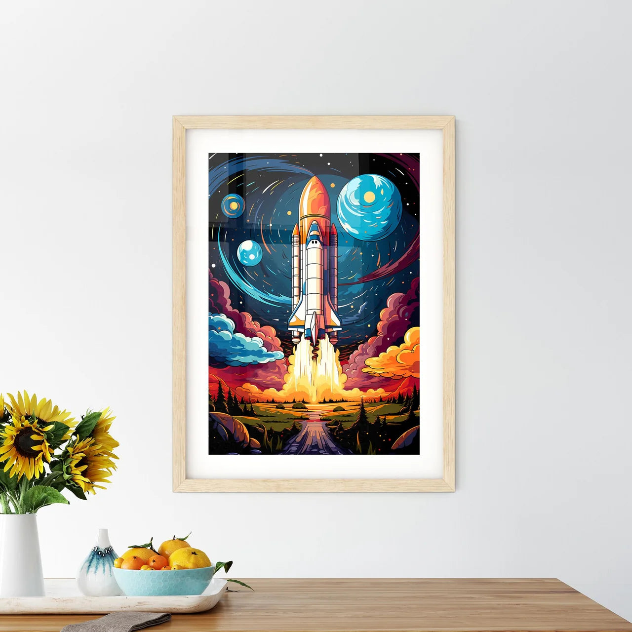 Cartoon Flat Design Rocket Ship - A Space Sh Framed Print