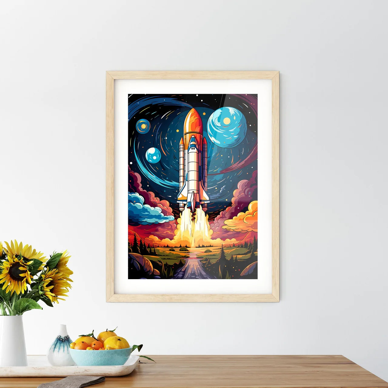 Cartoon Flat Design Rocket Ship - A Space Sh Framed Print