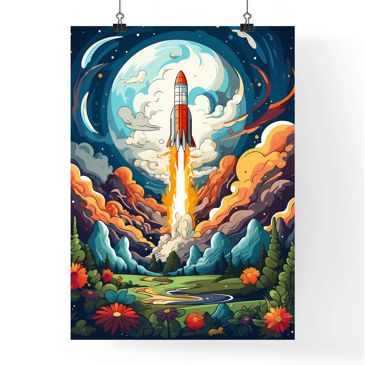 Cartoon Flat Design Rocket Ship - A Rocket T Poster