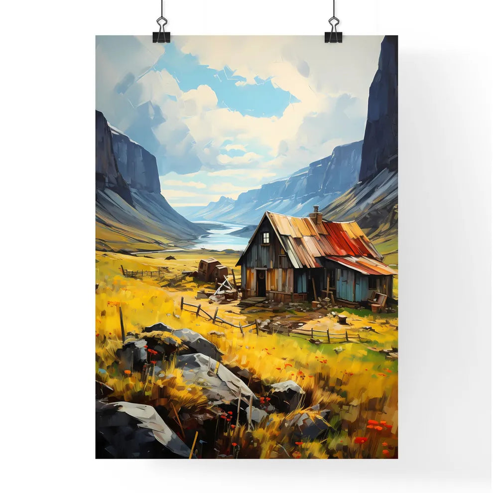 Celand. Old Farmer Houses Near Skaftafell - A House In A Valley With Mountains And A River Poster