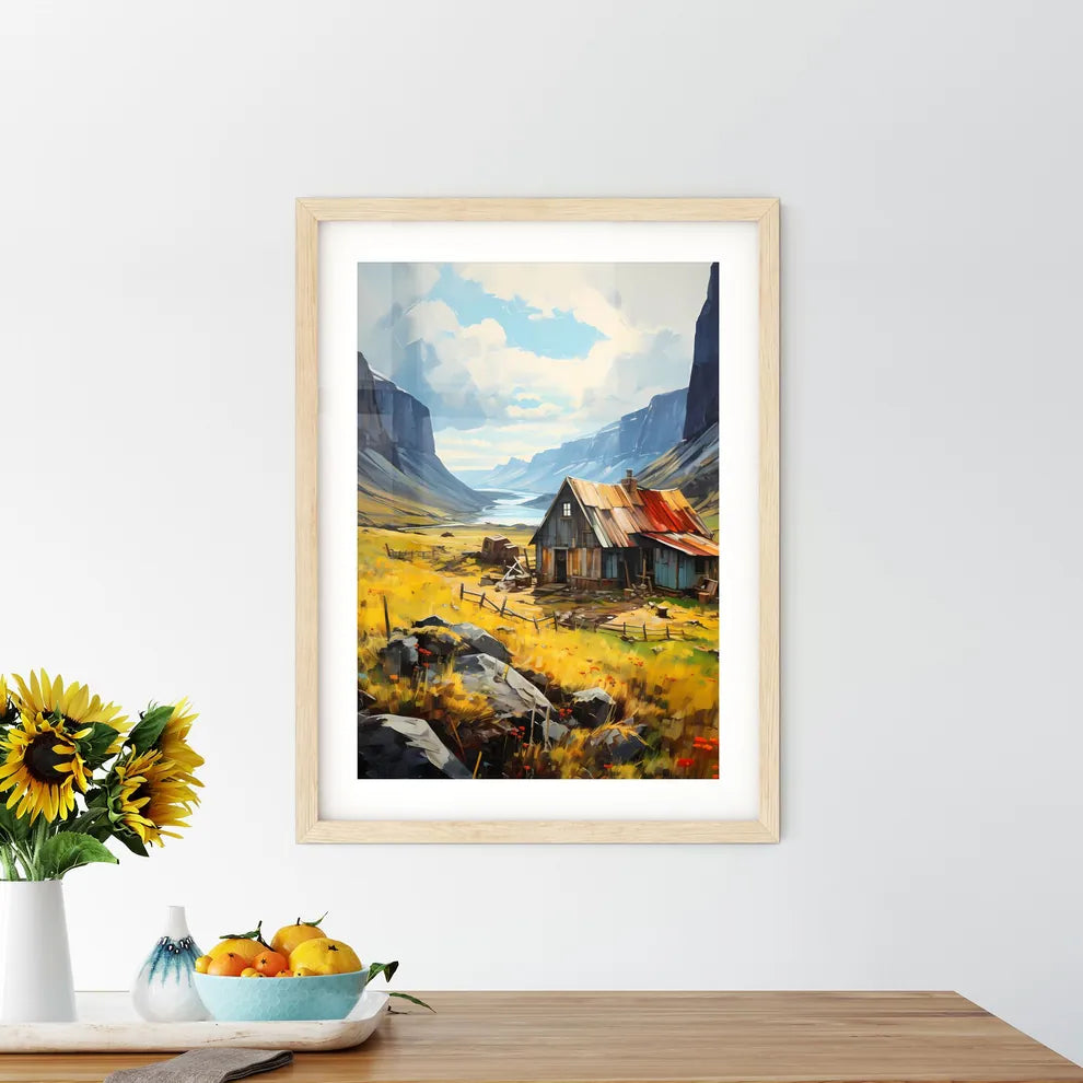 Celand. Old Farmer Houses Near Skaftafell - A House In A Valley With Mountains And A River Custom Print
