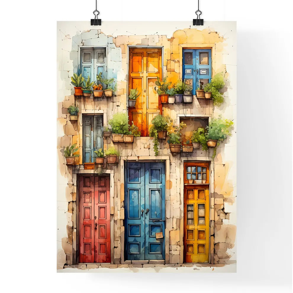 Compilation Of Old Doors - A Watercolor Painting Of A Building With Many Doors And Potted Plants Poster