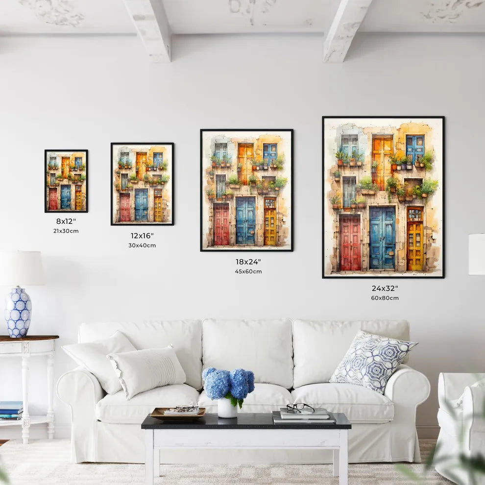 Compilation Of Old Doors - A Watercolor Painting Of A Building With Many Doors And Potted Plants Size Chart