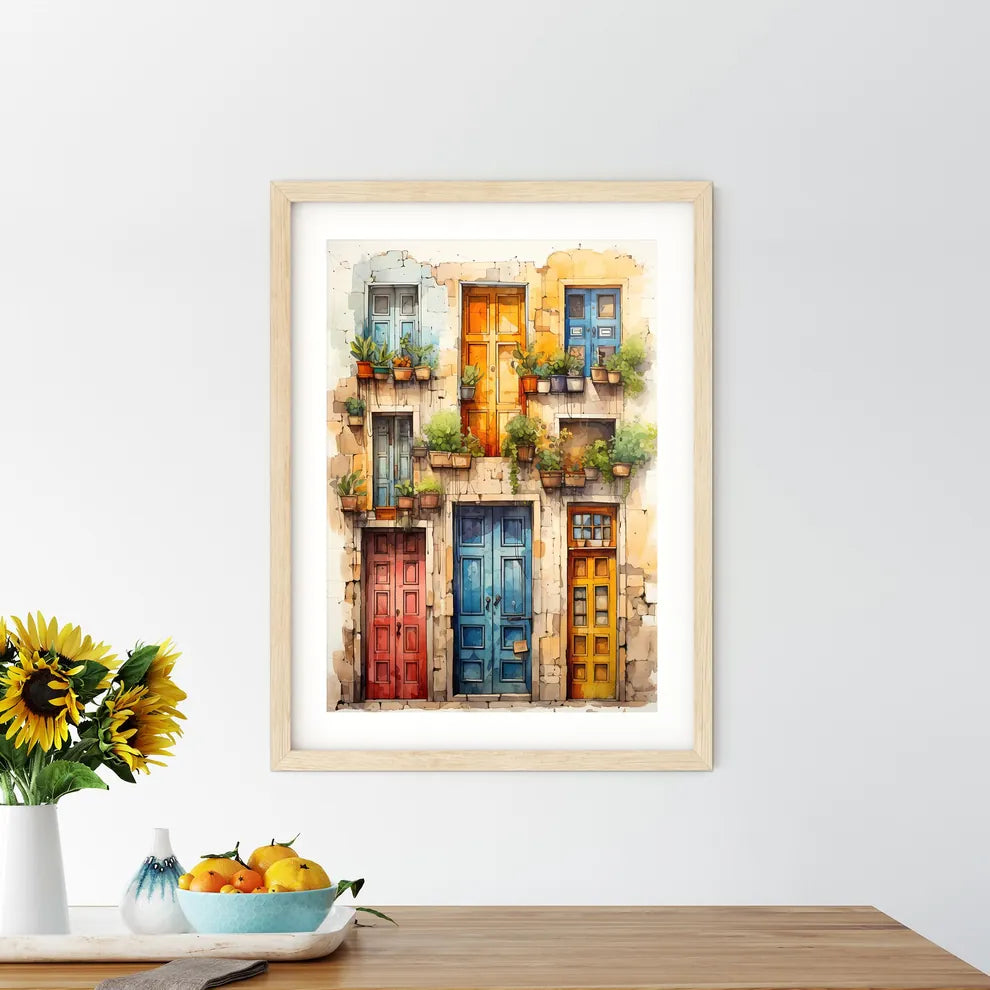 Compilation Of Old Doors - A Watercolor Painting Of A Building With Many Doors And Potted Plants Custom Print