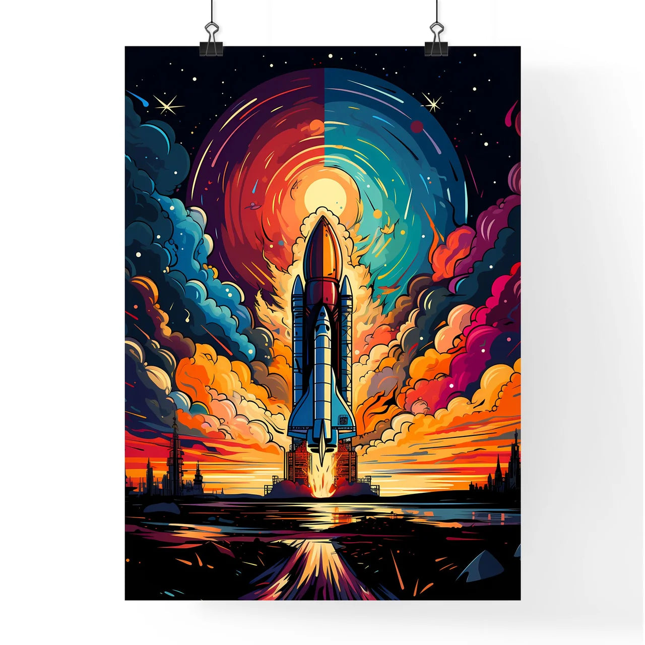 Creative Concept. Rocket Launch Education Doodles - A Space Shuttle Taking Off With Fremont Street Experience In The Background Poster