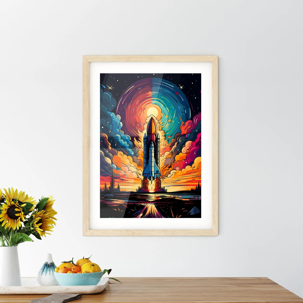 Creative Concept. Rocket Launch Education Doodles - A Space Shuttle Taking Off With Fremont Street Experience In The Background Custom Print