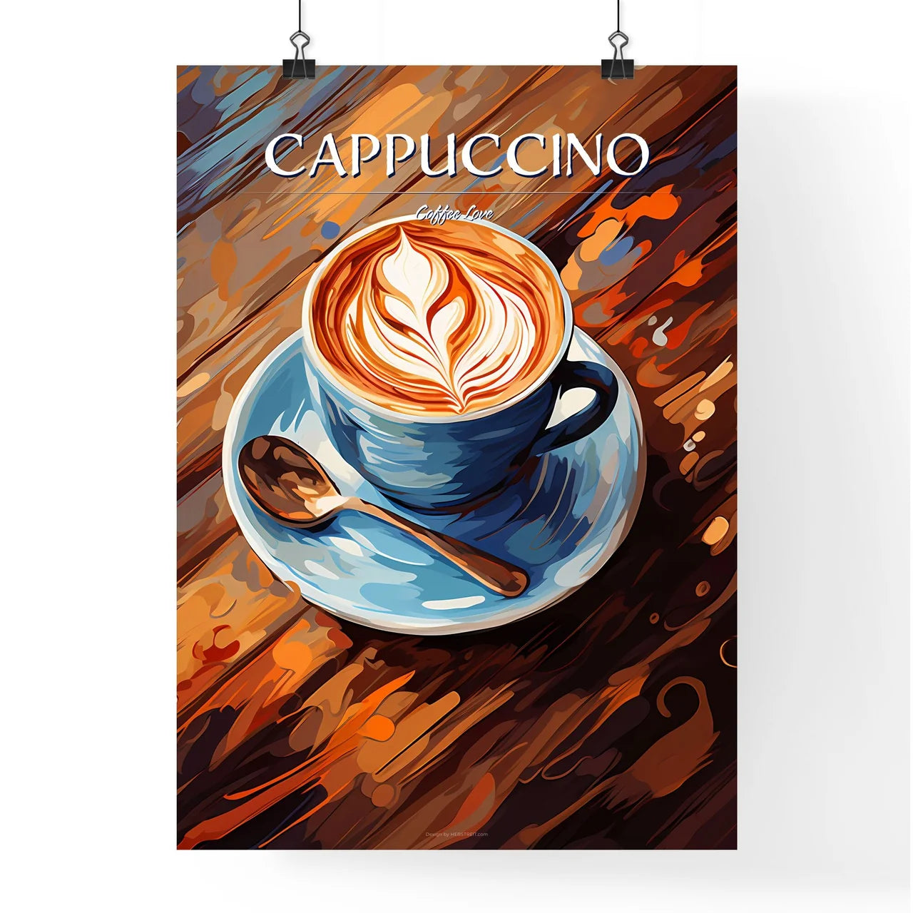 Cup Of Cappuccino Coffee On Wooden Backgroun Poster