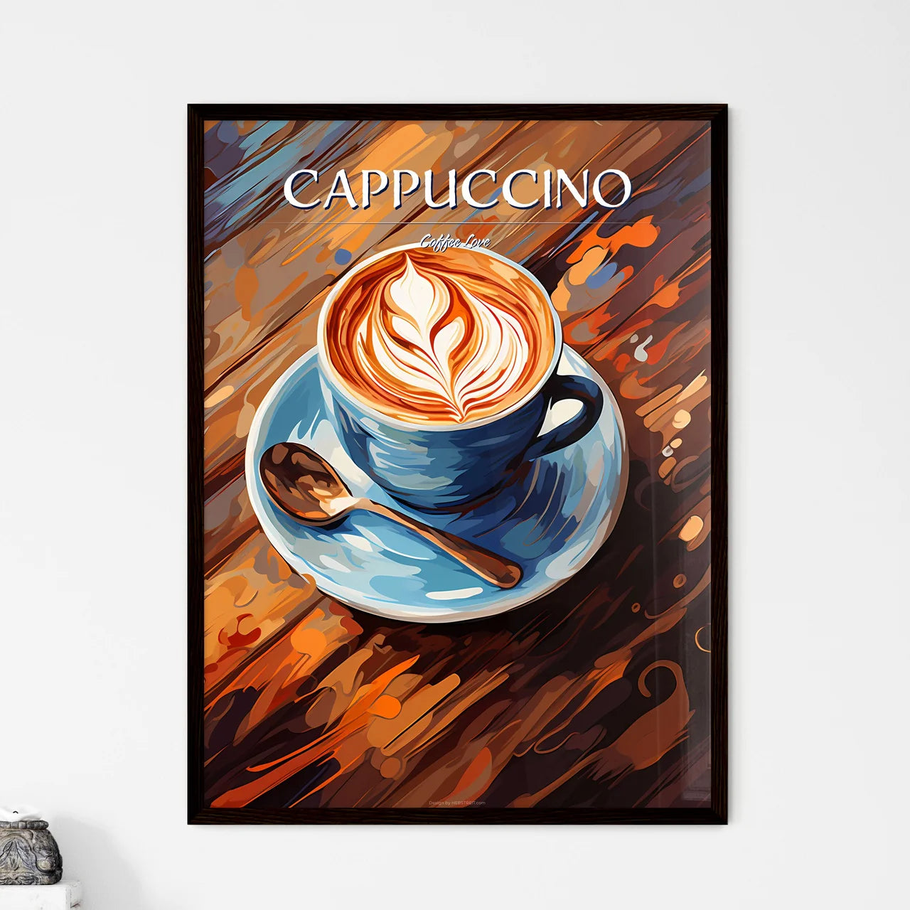Cup Of Cappuccino Coffee On Wooden Backgroun - Framed Art Print