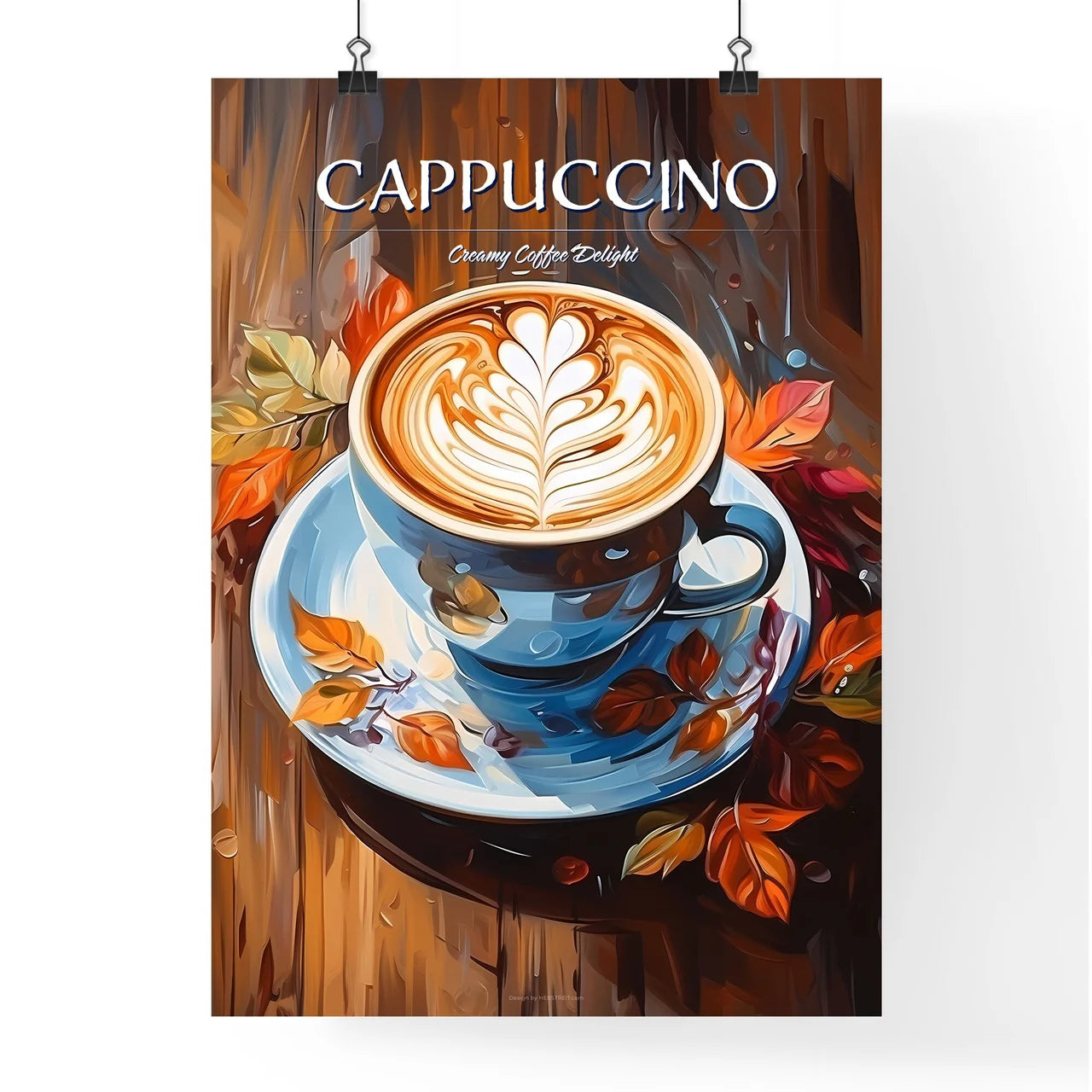 Cup Of Cappuccino Coffee On Wooden Backgroun Poster