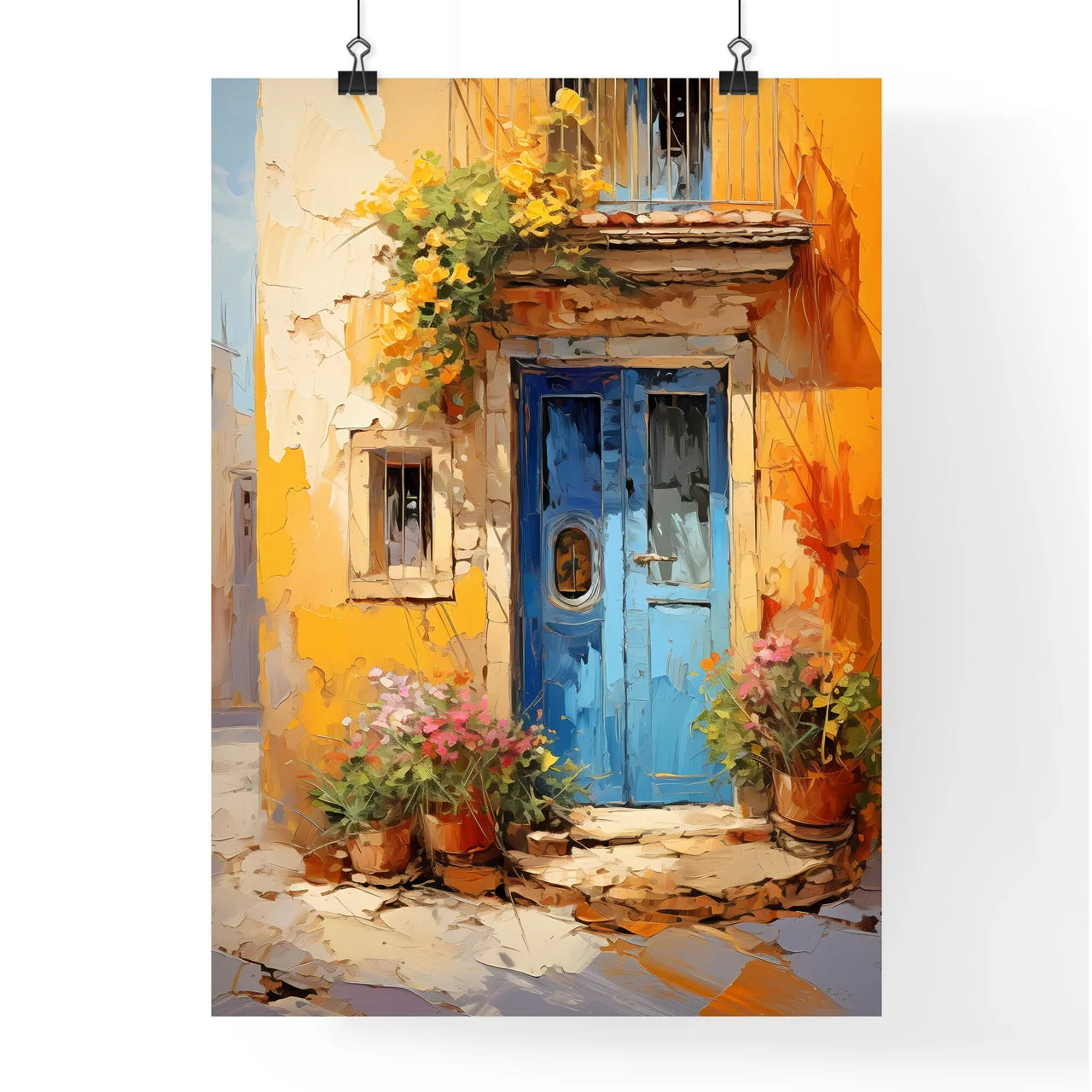 Different Door From Tuscany Italy - A Painting Of A Blue Door With Flowers In Pots Poster
