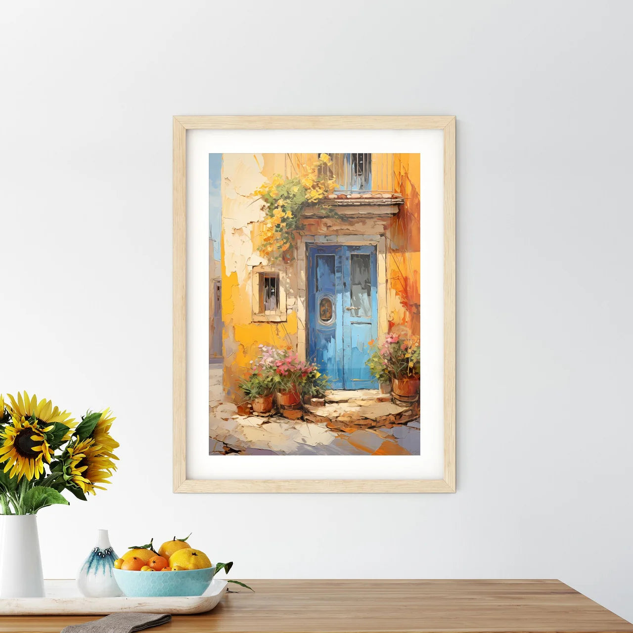 Different Door From Tuscany Italy - A Painting Of A Blue Door With Flowers In Pots Custom Print