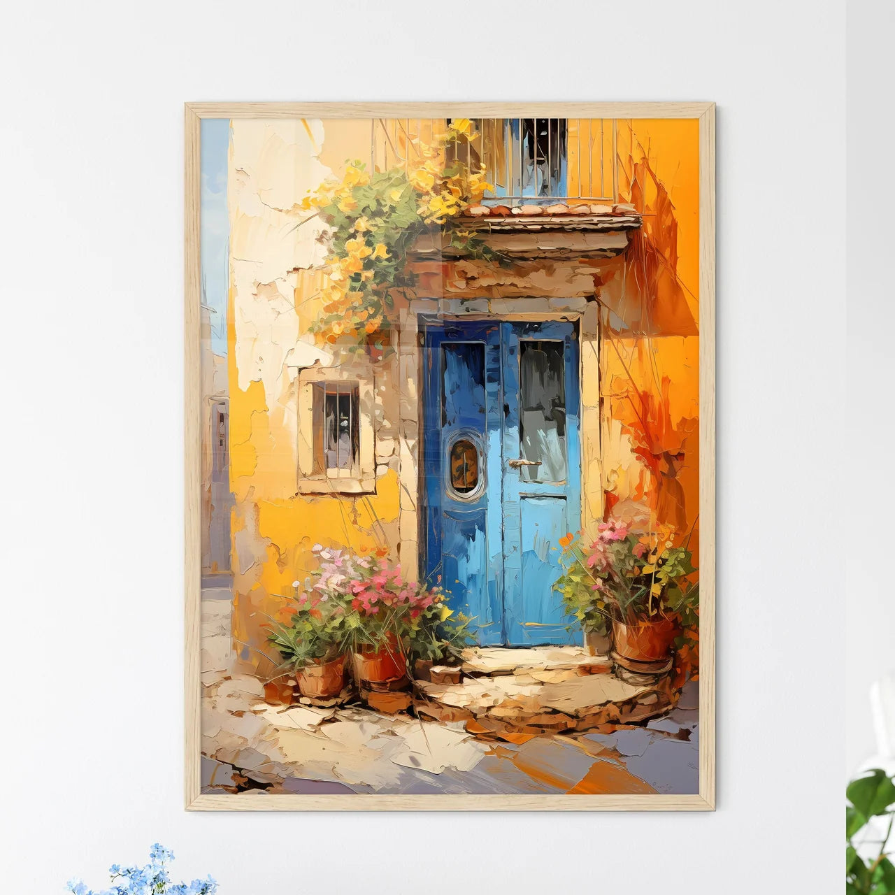 Different Door From Tuscany Italy - A Painting Of A Blue Door With Flowers In Pots Framed Art