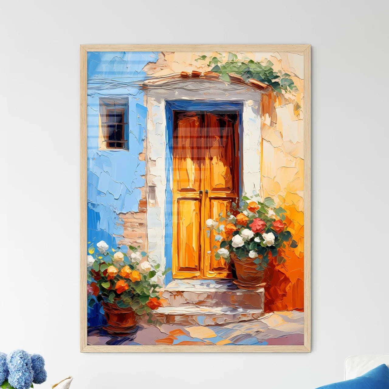 Different Door From Tuscany Italy - A Painting Of A Door And Flowers Framed Art
