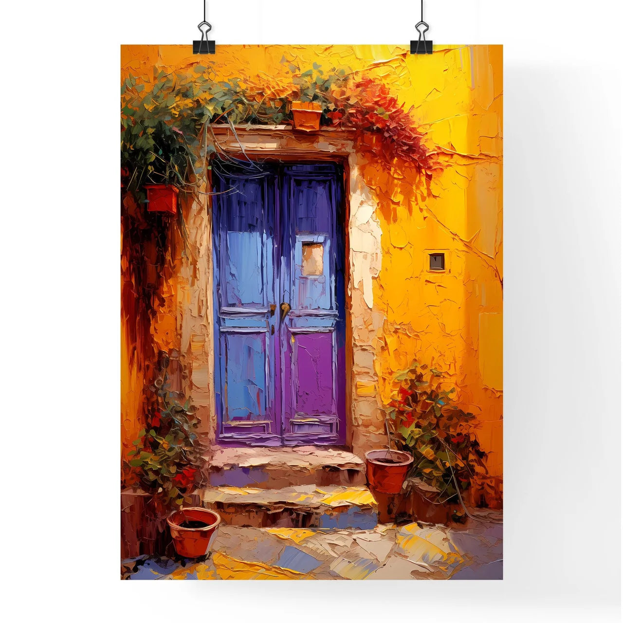 Different Door From Tuscany Italy - A Blue Door With A Yellow Wall And Plants Poster