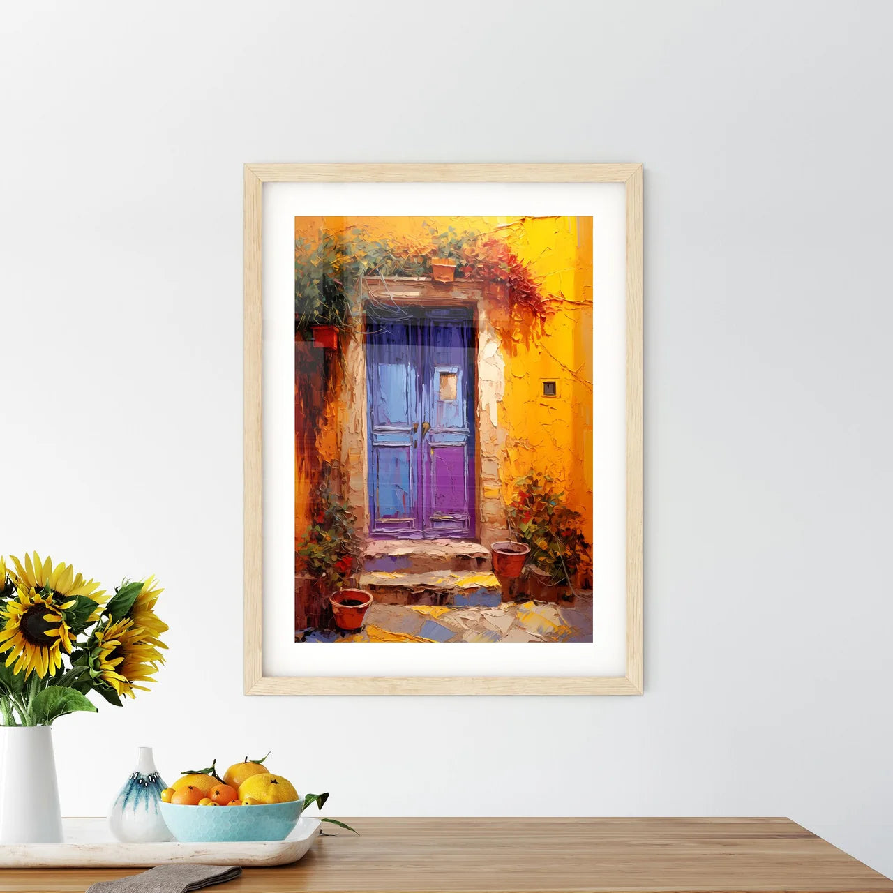 Different Door From Tuscany Italy - A Blue Door With A Yellow Wall And Plants Custom Print