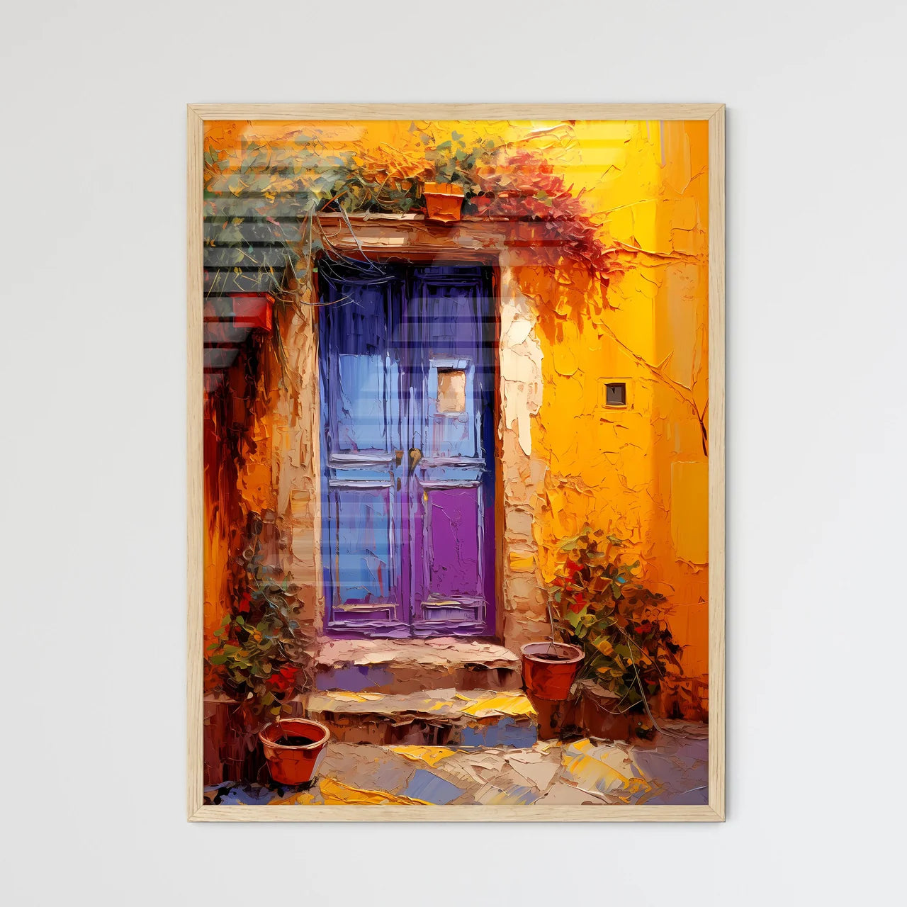 Different Door From Tuscany Italy - A Blue Door With A Yellow Wall And Plants Framed Art
