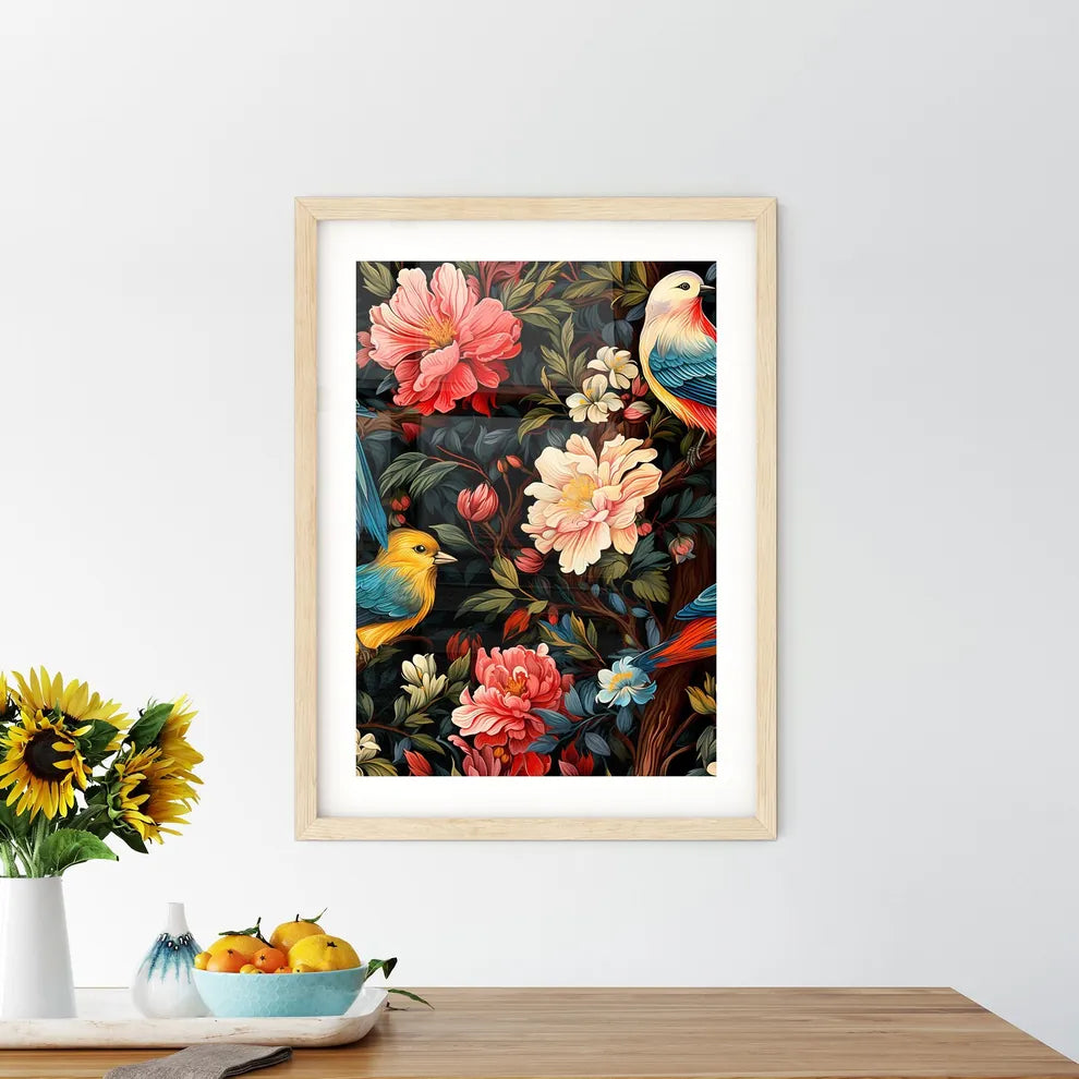 Foliate Pattern With Birds  Framed Print