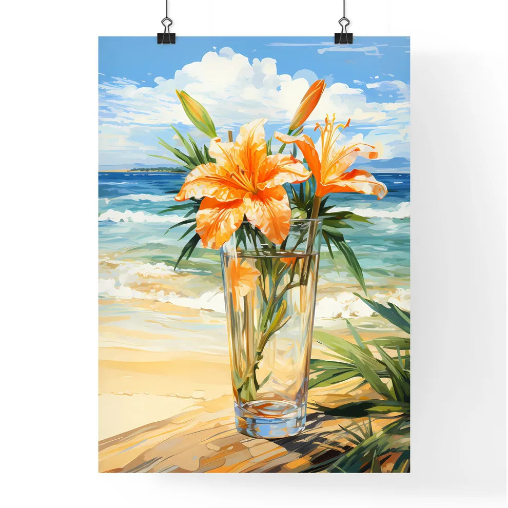 Glass Of Cocktail With Lily Flower At The Be Poster