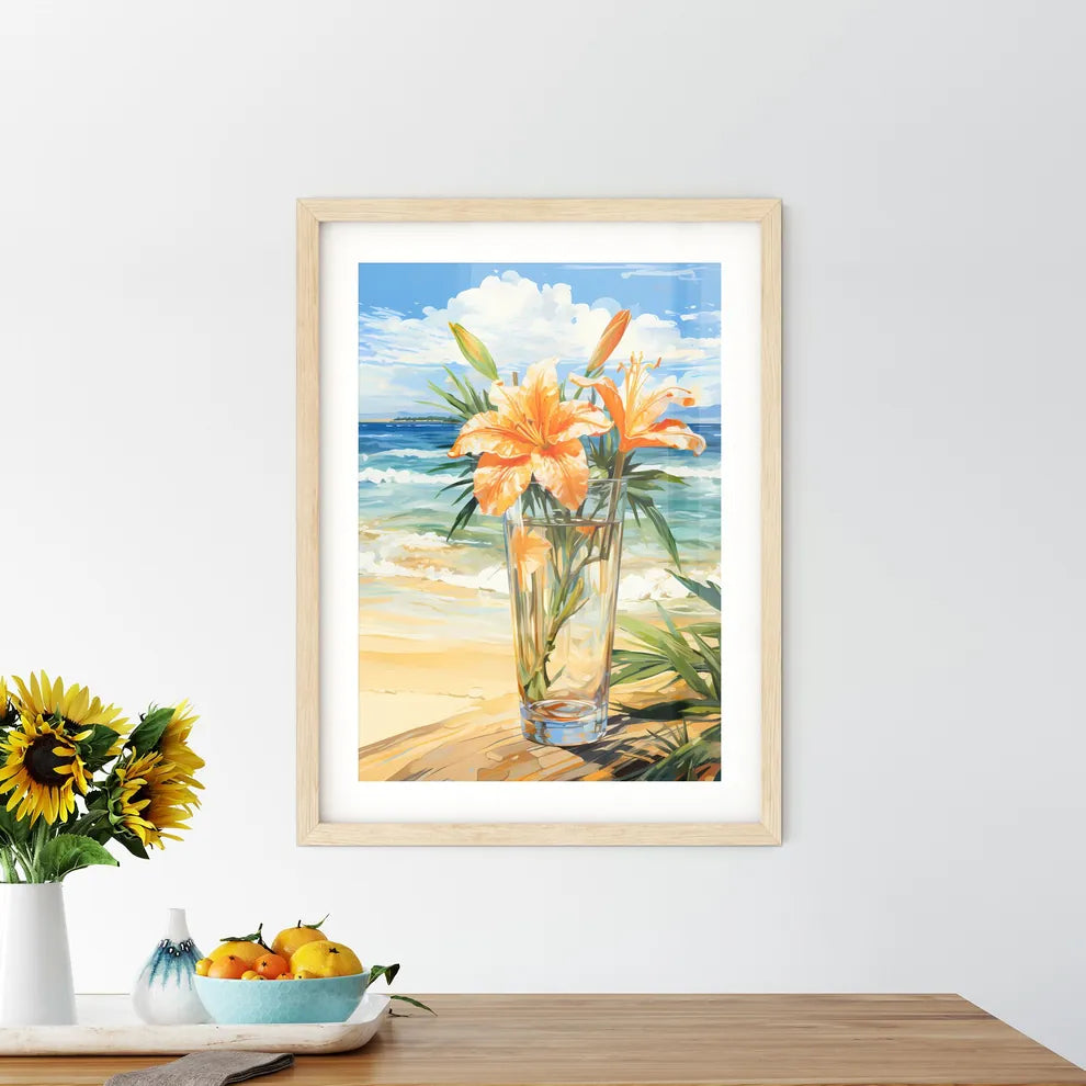 Glass Of Cocktail With Lily Flower At The Be Framed Print
