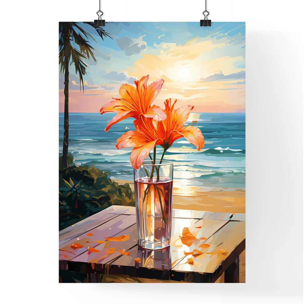 Glass Of Cocktail With Lily Flower At The Be Poster