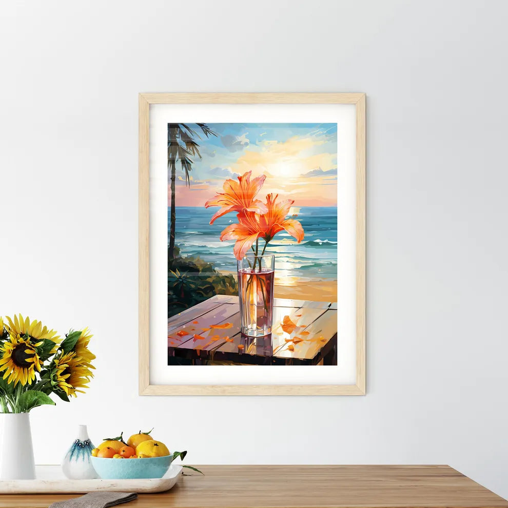 Glass Of Cocktail With Lily Flower At The Be Framed Print