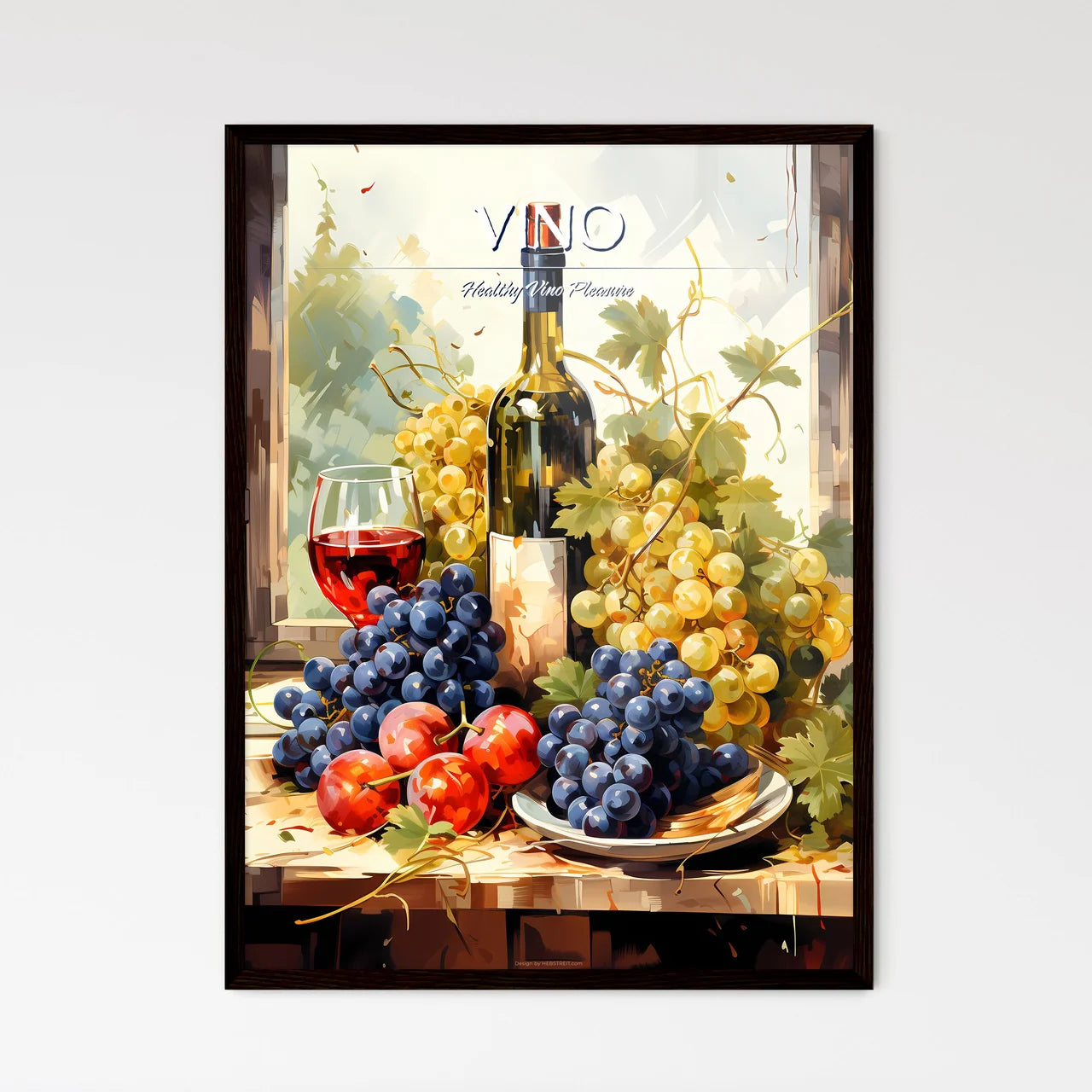 Grapes And Wine Bottles-Healthy Food - A Pai - Framed Art Print