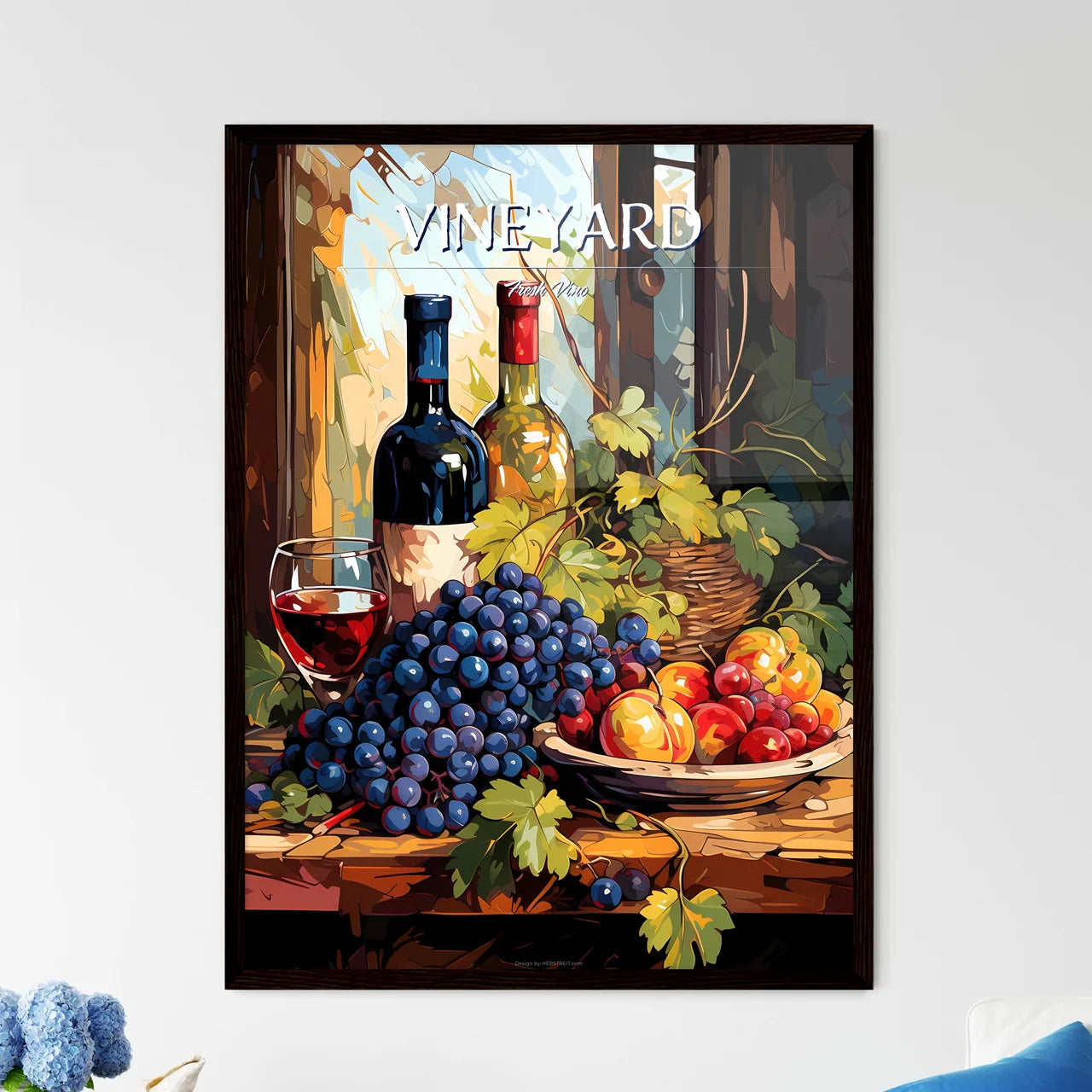 Grapes And Wine Bottles-Healthy Food - A Pai - Framed Art Print