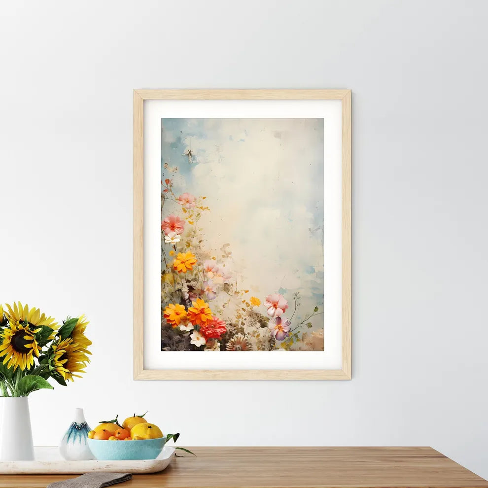 Grunge Style Colorful Flowers Border Backgro Framed Print
