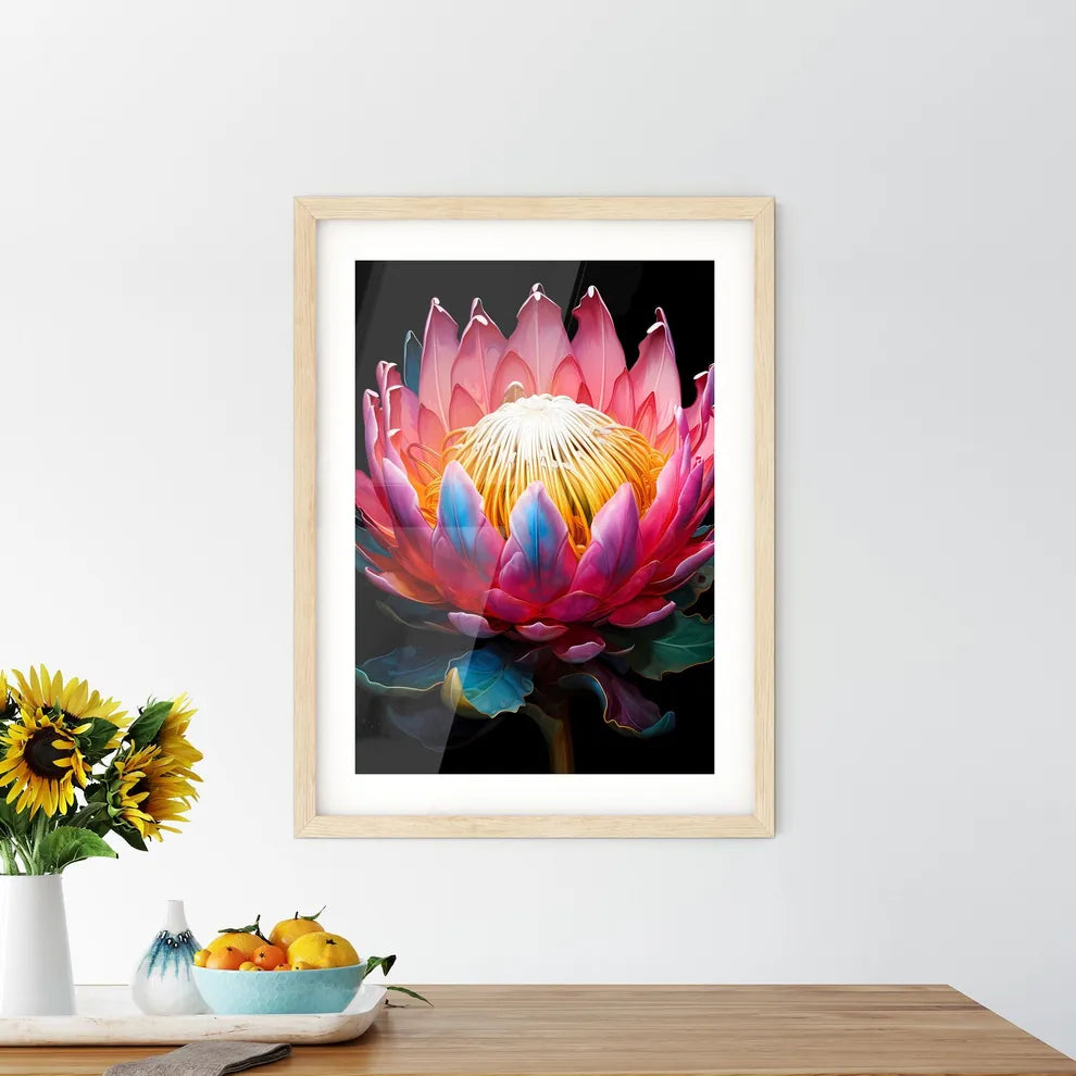 King Protea Isolated On Black Background Cen Framed Print