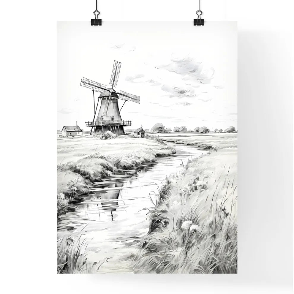 Landscape With Windmill Black And White - A  Poster
