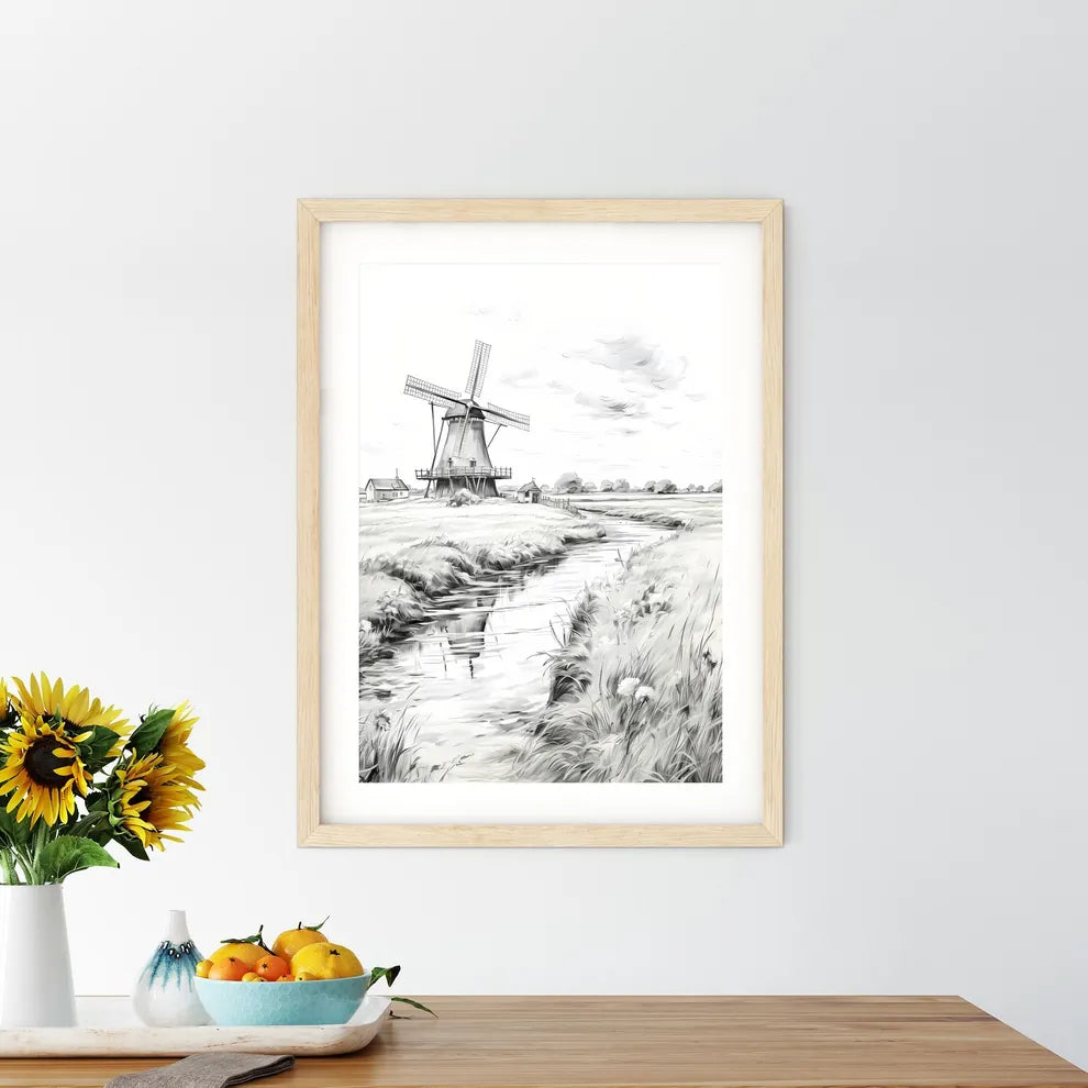 Landscape With Windmill Black And White - A  Framed Print
