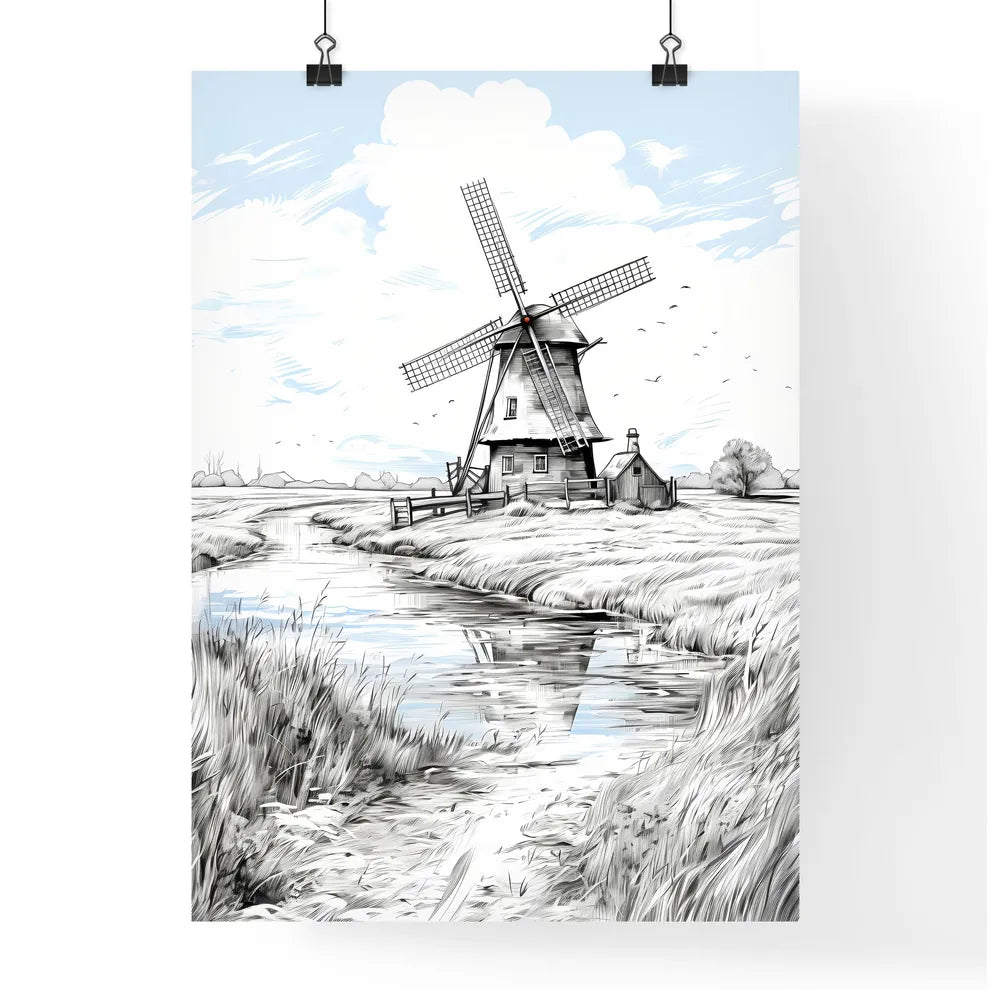 Landscape With Windmill Black And White - A Windmill In A Field Poster