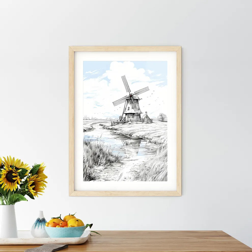 Landscape With Windmill Black And White - A Windmill In A Field Custom Print