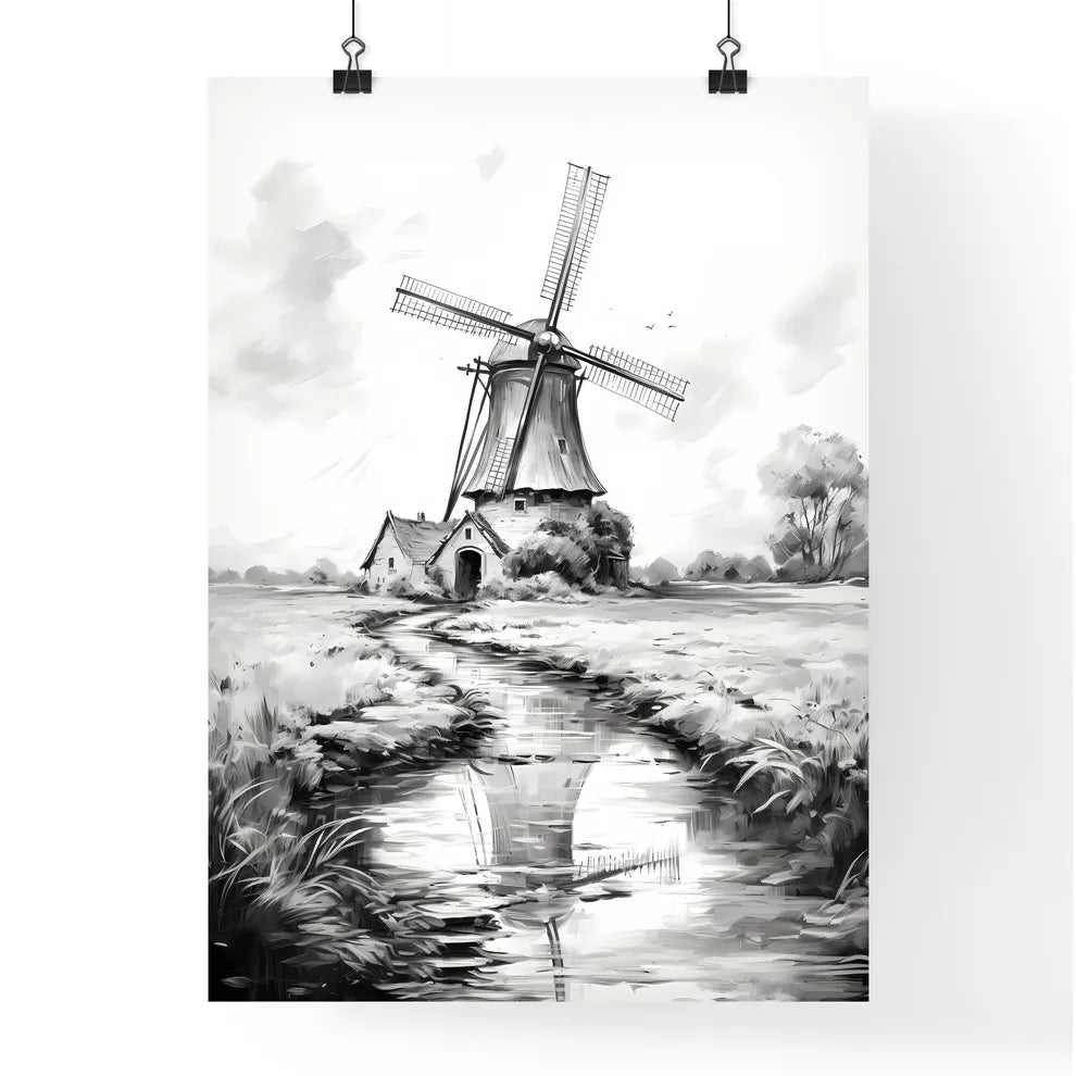 Landscape With Windmill Black And White - A Windmill In A Field Poster