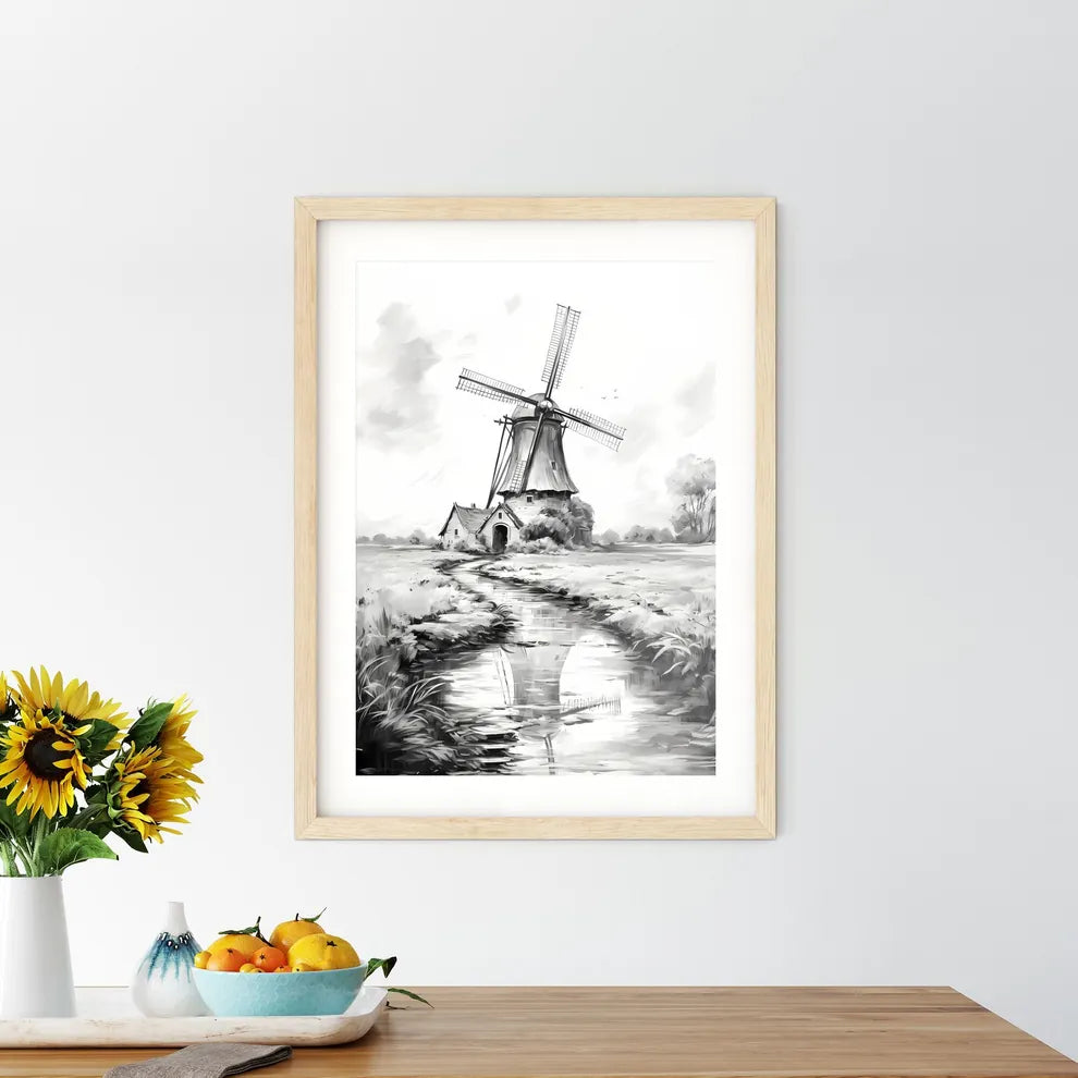 Landscape With Windmill Black And White - A Windmill In A Field Custom Print