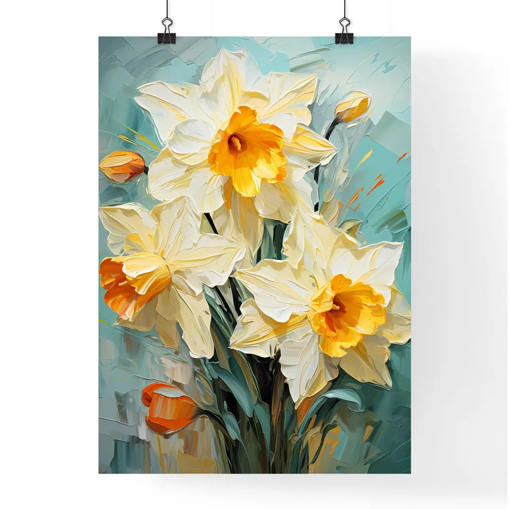 Lovely Yellow Daffodil Flowers On Green Back Poster