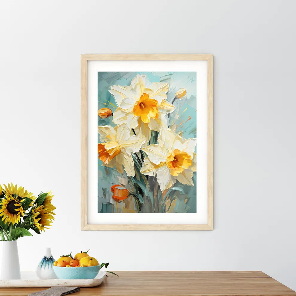 Lovely Yellow Daffodil Flowers On Green Back Framed Print