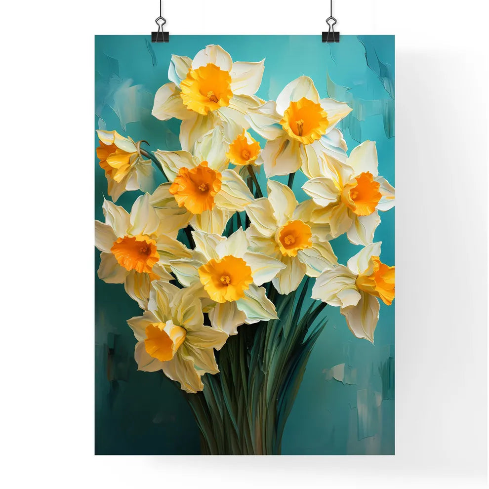 Lovely Yellow Daffodil Flowers On Green Back Poster