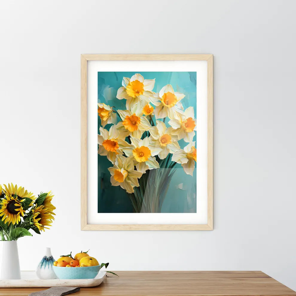Lovely Yellow Daffodil Flowers On Green Back Framed Print