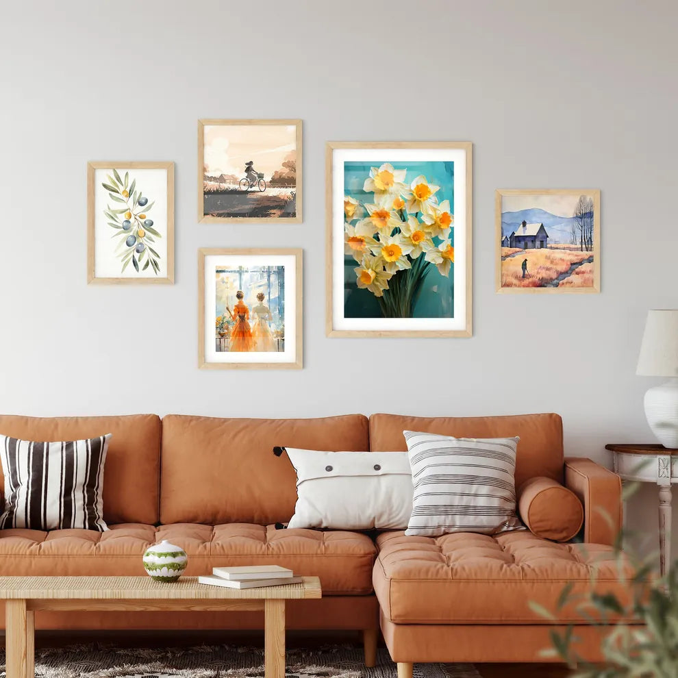 Lovely Yellow Daffodil Flowers On Green Back Wall Art