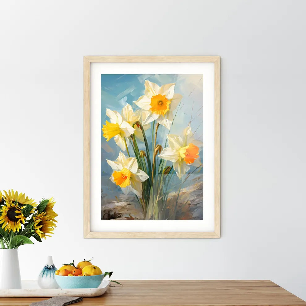 Lovely Yellow Daffodil Flowers On Green Back Framed Print